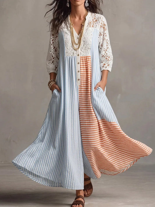 Vintage Elegant Cotton-Linen Color-Block Striped Patchwork Cutout Lace Jumpsuit
