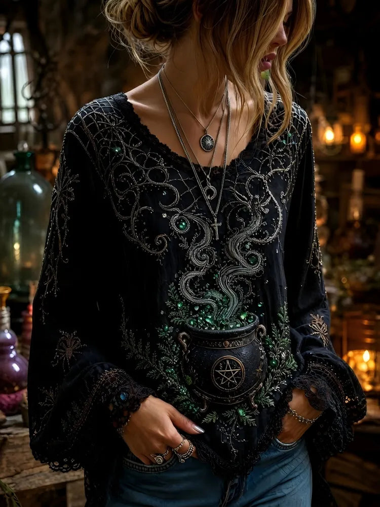 Women's Mystical Pentagram & Potion Graphic Blouse
