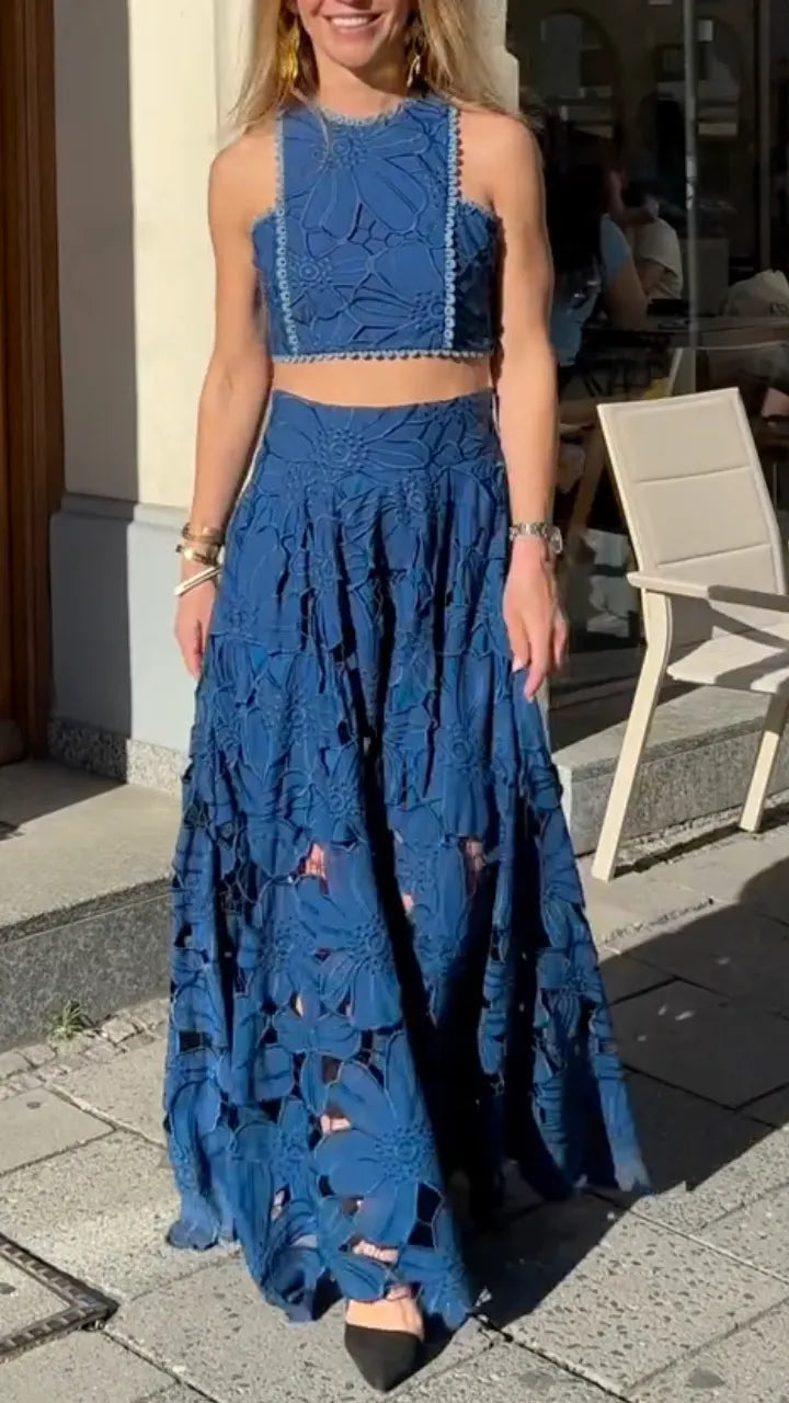 Floral Lace Crop Top Maxi Skirt Two-Piece Set