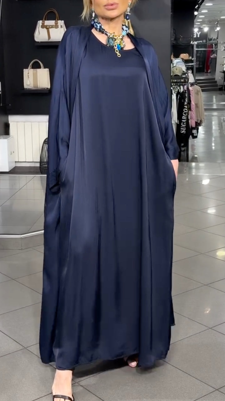 Women's Round Neck Dress + Cardigan Long Satin Suit