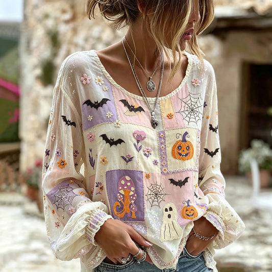 Boho Pastel Patchwork Halloween Long Sleeve Blouse
