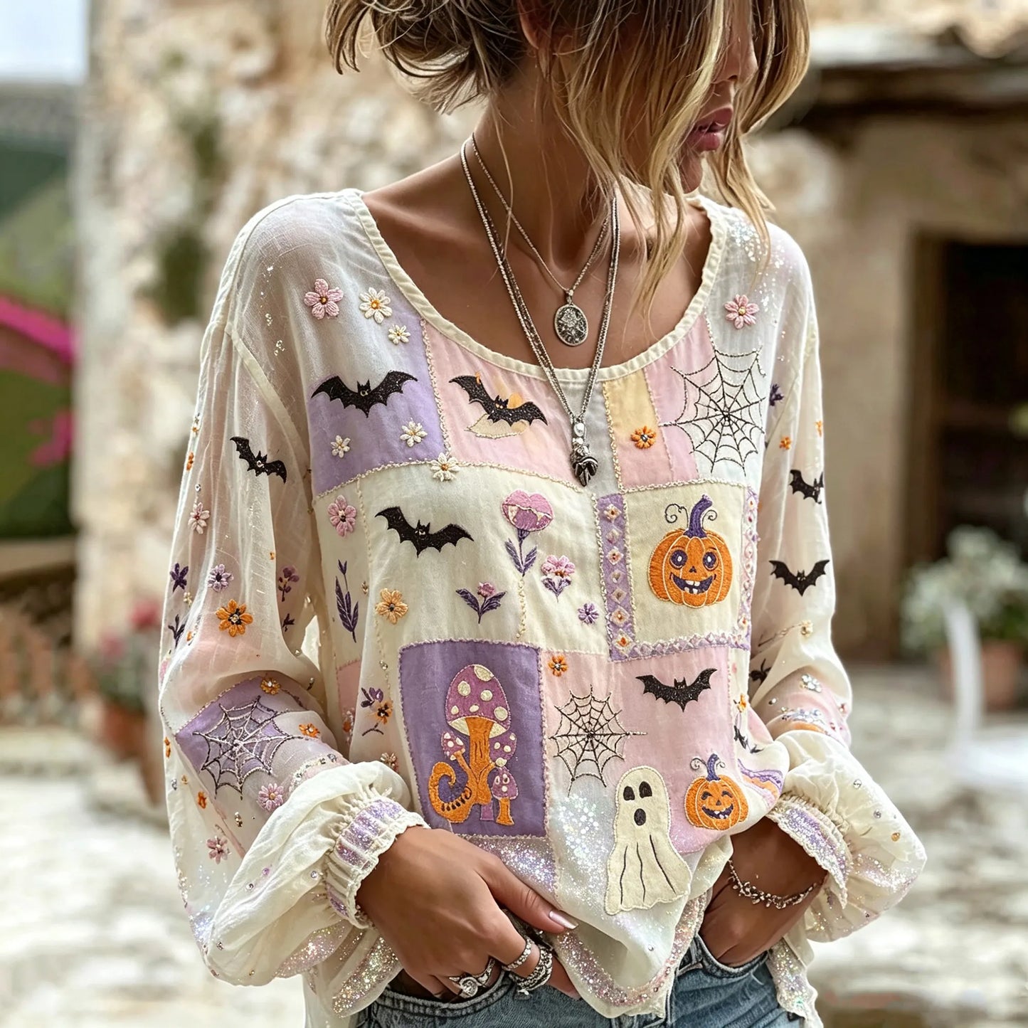 Boho Pastel Patchwork Halloween Long Sleeve Blouse