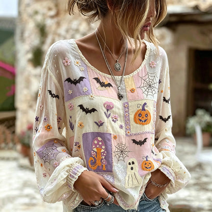 Boho Pastel Patchwork Halloween Long Sleeve Blouse