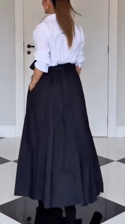White Collared Shirt & Black Bow‑Tie Maxi Skirt Outfit