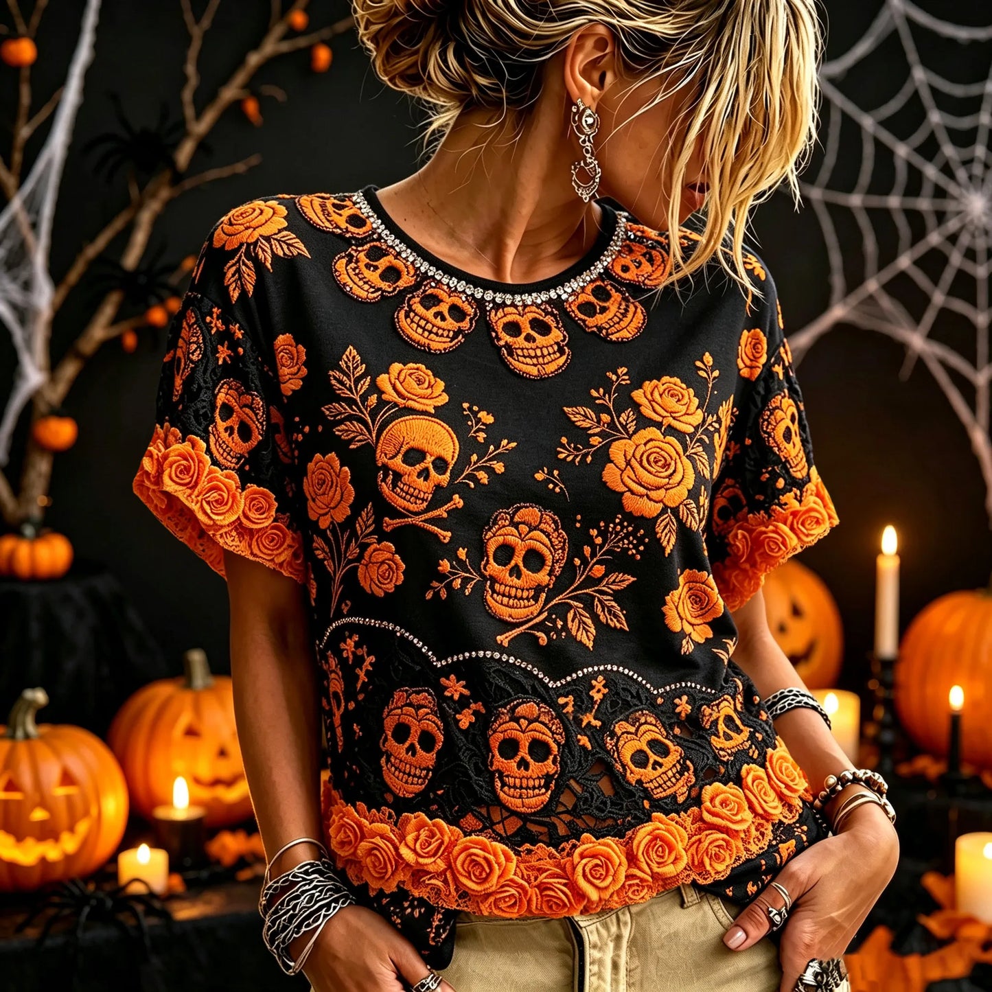 Women's Retro Halloween Skull Floral Art Casual Crew Neck Short Sleeve T-shirt