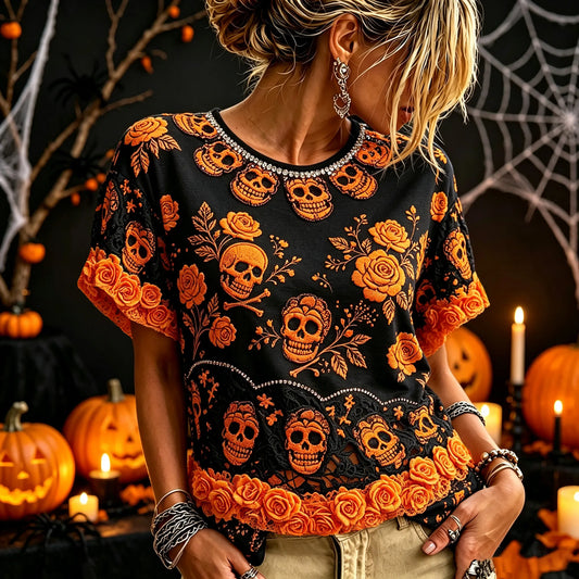Women's Retro Halloween Skull Floral Art Casual Crew Neck Short Sleeve T-shirt