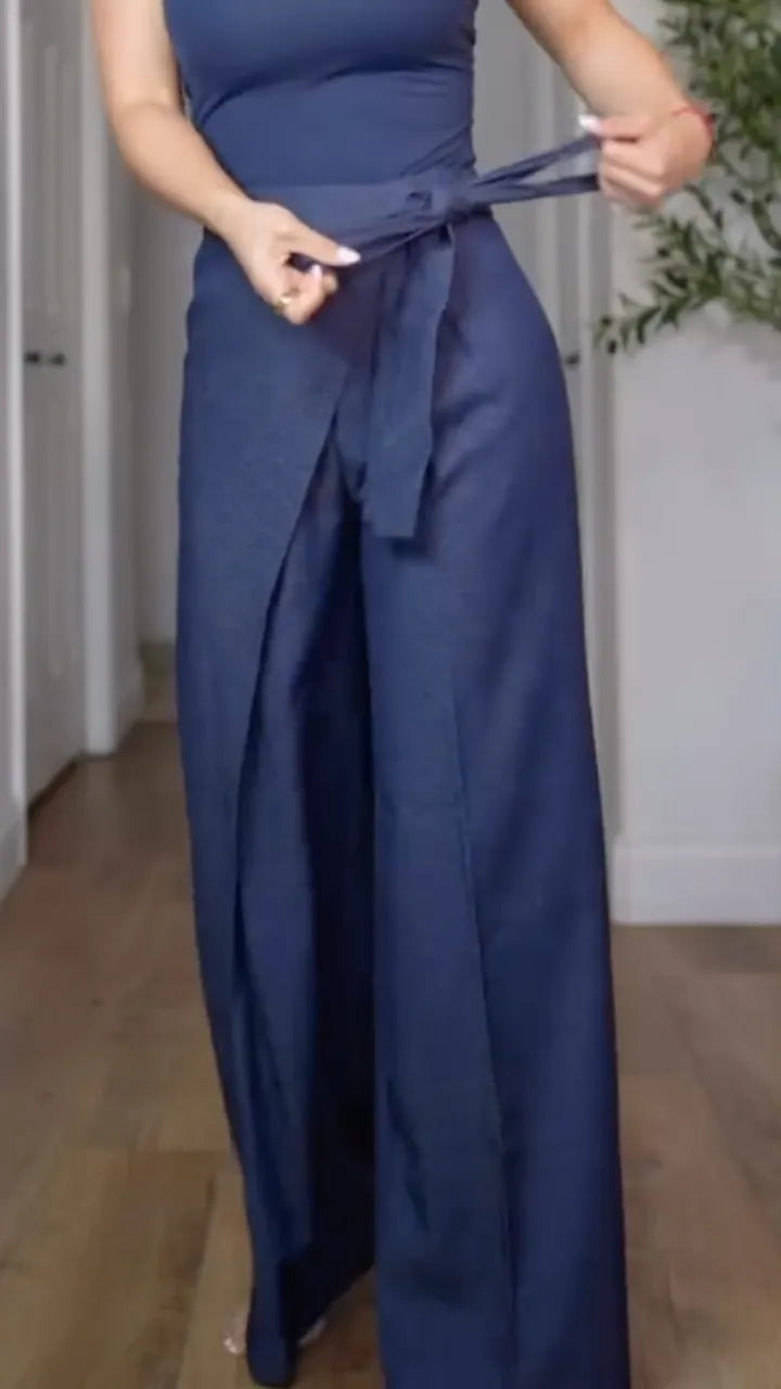 Wrap Overlay Tie‑Waist Wide Leg Pants