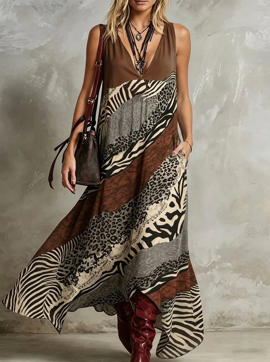 Women's V-Neck Sleeveless Mixed Animal Print Chiffon Maxi Dress With Side Pockets