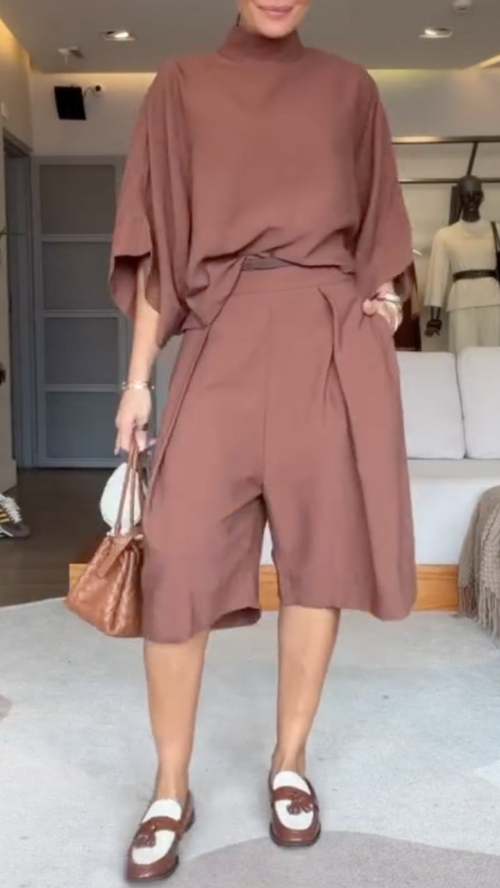 Oversized High Neck Cape Top & Culottes Two-Piece Set