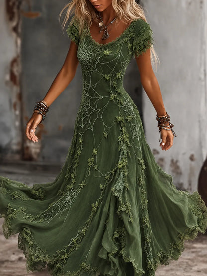 Women's Retro Gothic Spiderweb And Floral Lace Print Short-sleeve Mixi Dress