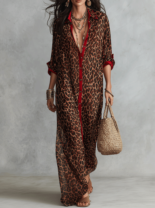 Effortless Glam Sheer Leopard Deep-V Belted Brown Shirt Maxi Dress