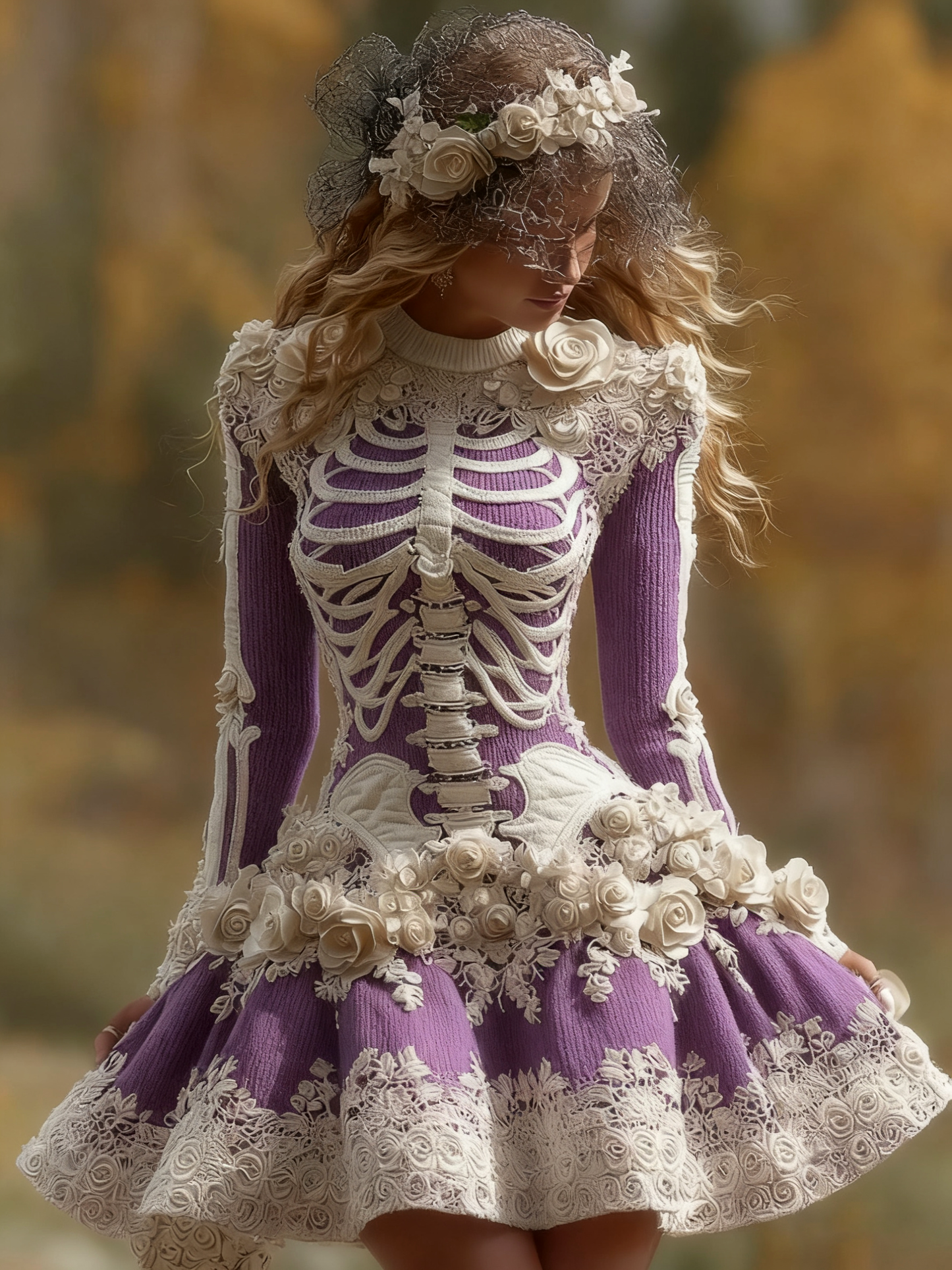 Women's Halloween Skeleton Bones With Rose Art Cozy Knit Mini Sweater Dress