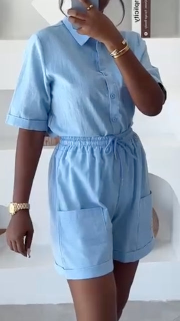Women's Collared Shirt And Shorts Casual Suit
