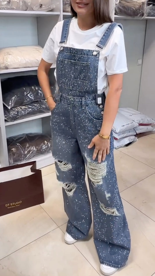 Women's Casual Denim Overalls with Rhinestone Accents and Distressing
