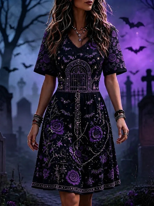Women's Gothic V-neck Short Sleeve Dress With Purple Roses And Archway Print