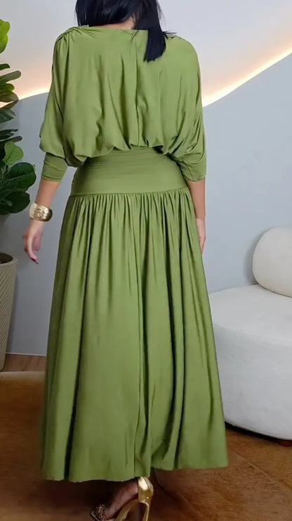 Draped V‑Neck Top & Ruched Pleated Maxi Skirt Co‑Ord Set