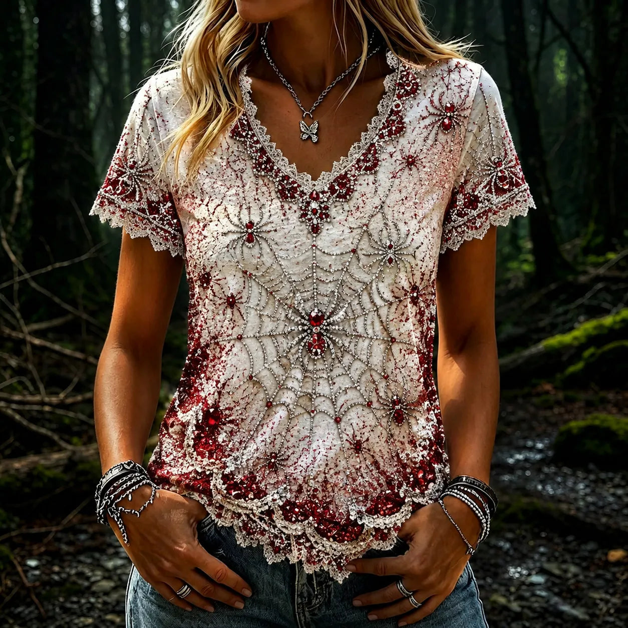 Women's Vintage Spider Art Pattern V-neck Short Sleeve T-shirt