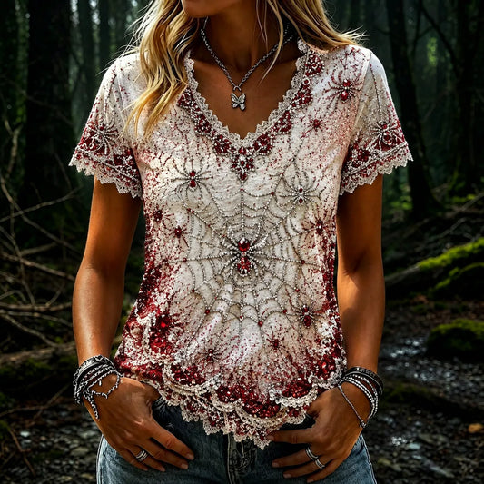 Women's Vintage Spider Art Pattern V-neck Short Sleeve T-shirt
