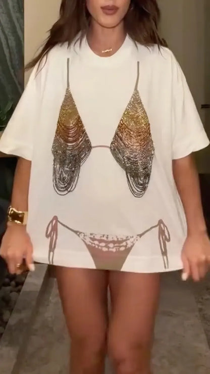 Rhinestone Butterfly Tee & Mesh Pants Two Piece Set