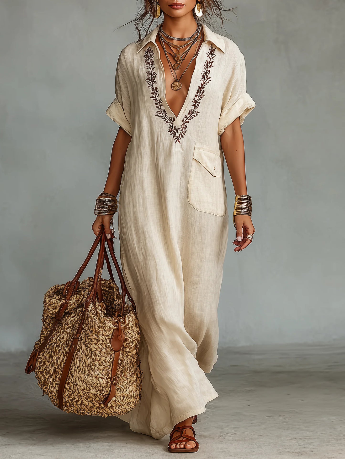 Women's Collared Cotton Linen Printed Casual Long Dress