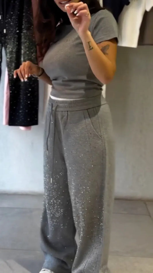 Rhinestone Sprinkle Crop Tee & Wide Leg Sweatpants Co‑Ord Set