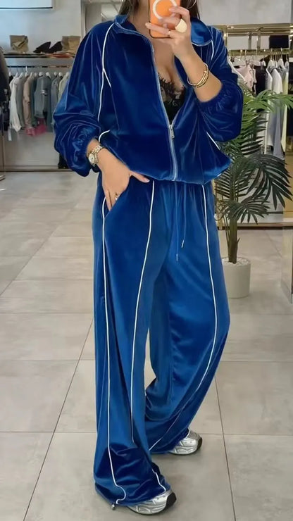 Royal Blue Velvet Striped Tracksuit, 2 Piece  Set