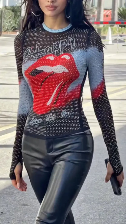 Rhinestone Mesh Graphic Long Sleeve Top