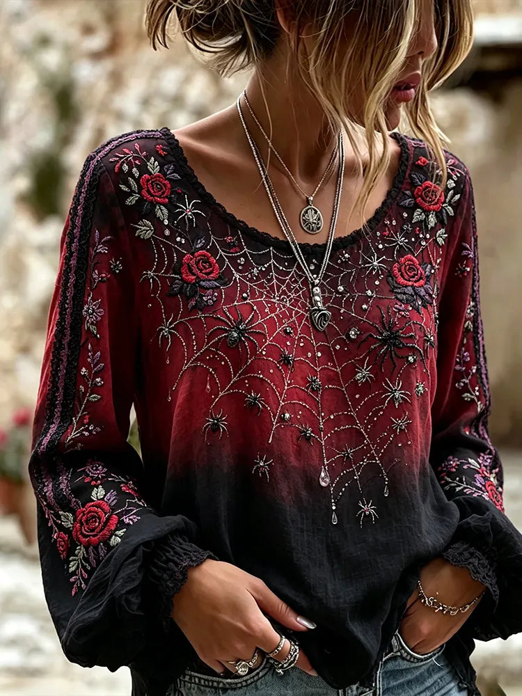 Vintage Halloween Spider And Rose Art Gradient Distressed Cotton Linen Crew Neck Long Sleeve Top