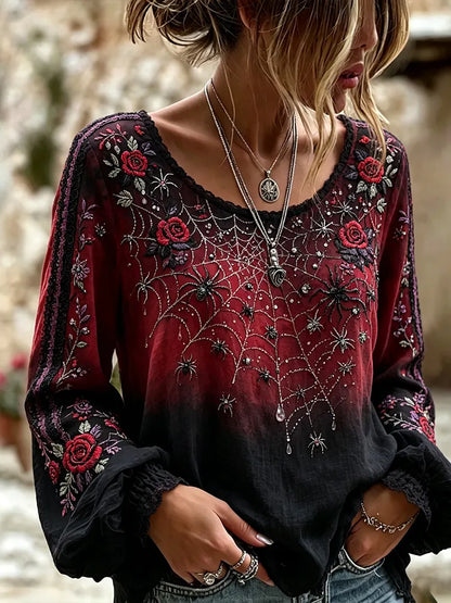 Vintage Halloween Spider And Rose Art Gradient Distressed Cotton Linen Crew Neck Long Sleeve Top