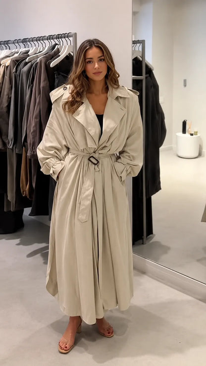 Oversized Soft Fabric Belted Maxi Trench Coat