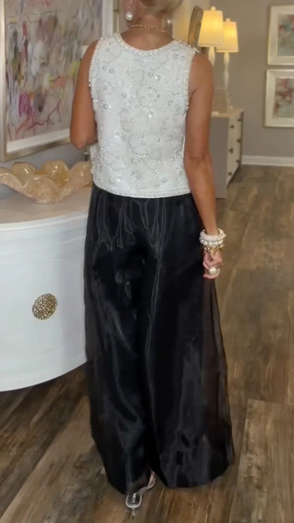 Beaded Lace Crop Tank & Sheer Organza Wide Leg Pants Set