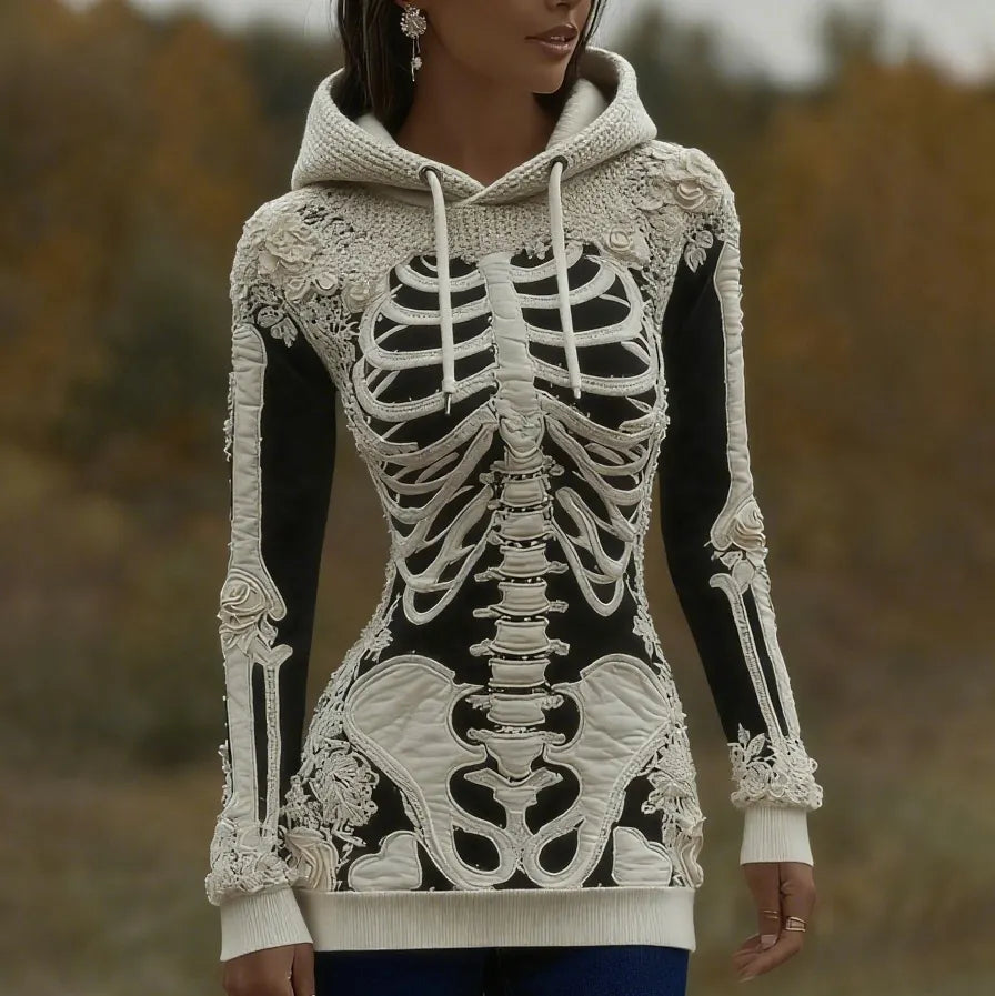 Women's Halloween Skeleton Bones With Roses Art Knitted Warm Hooded Sweater