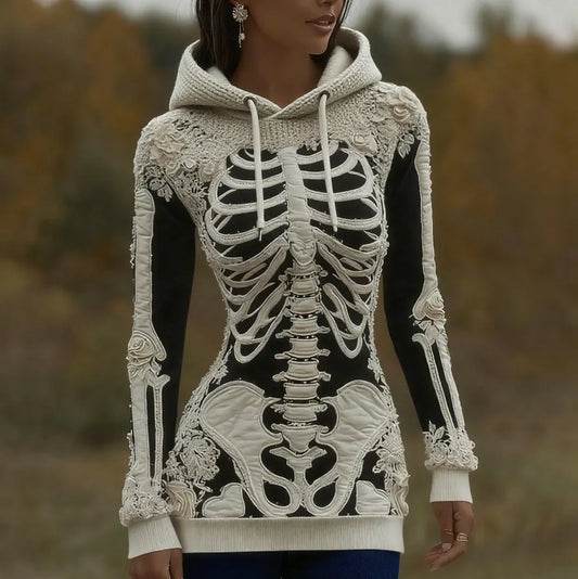 Women's Halloween Skeleton Bones With Roses Art Knitted Warm Hooded Sweater
