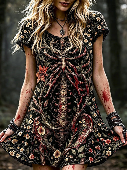 Women's Retro Halloween Style Bone And Floral Print Dress