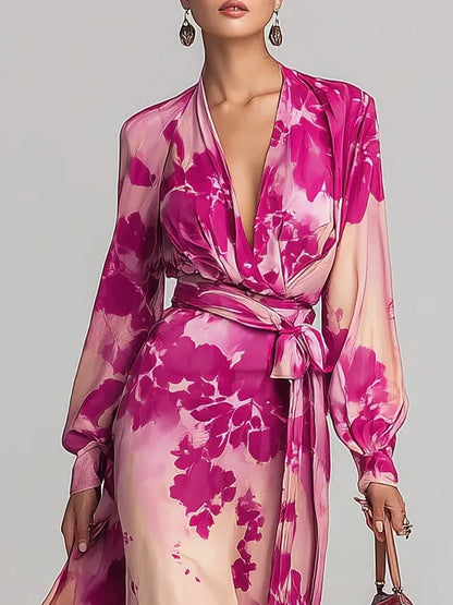 Rose Red Floral V-neck Belted Maxi Dress