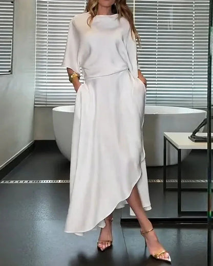 White Satin Cowl Neck Midi Dress With Pockets