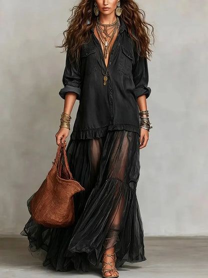 Blue Faux Denim Shirt Collar With Sheer Pockets Maxi Dress