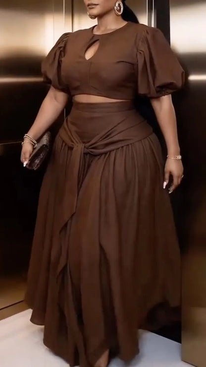 Taupe Linen-Blend Cropped Top & Wrap Maxi Skirt Two-Piece Set