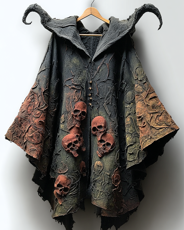Halloween Themed  Irregular Gradient Skull Embroideredk Hooded Cape  d28e