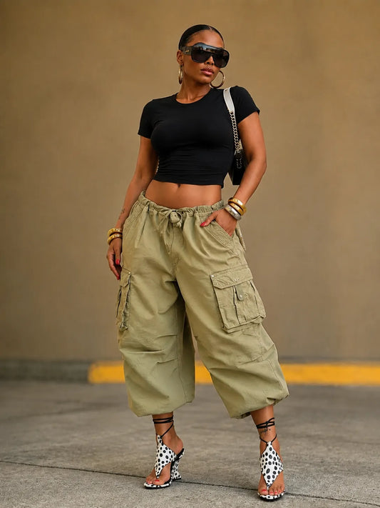 Drawstring Waist Capri Cargo Pants