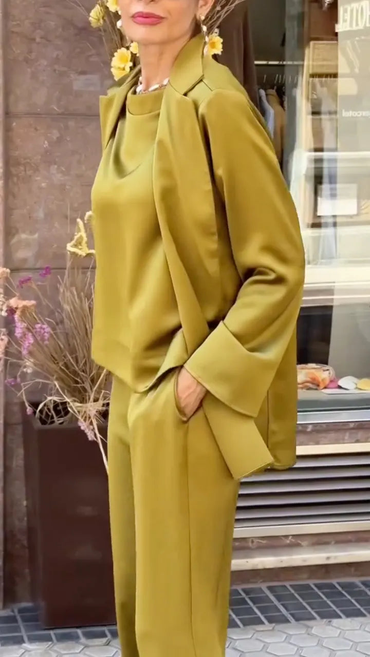Olive Green Satin Blazer, Top & Wide Leg Pants Co-Ord Set