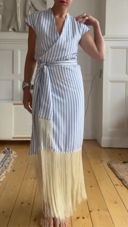 Blue White Striped Wrap Tassel Midi Dress