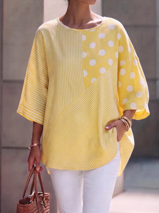 Sunny Yellow Striped And Polka-dot Patchwork Cotton-linen Top