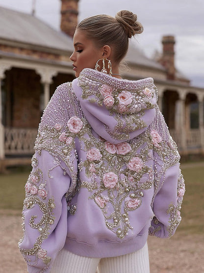 Women's Vintage Rose Pearl Embroidered Comfort Hoodie