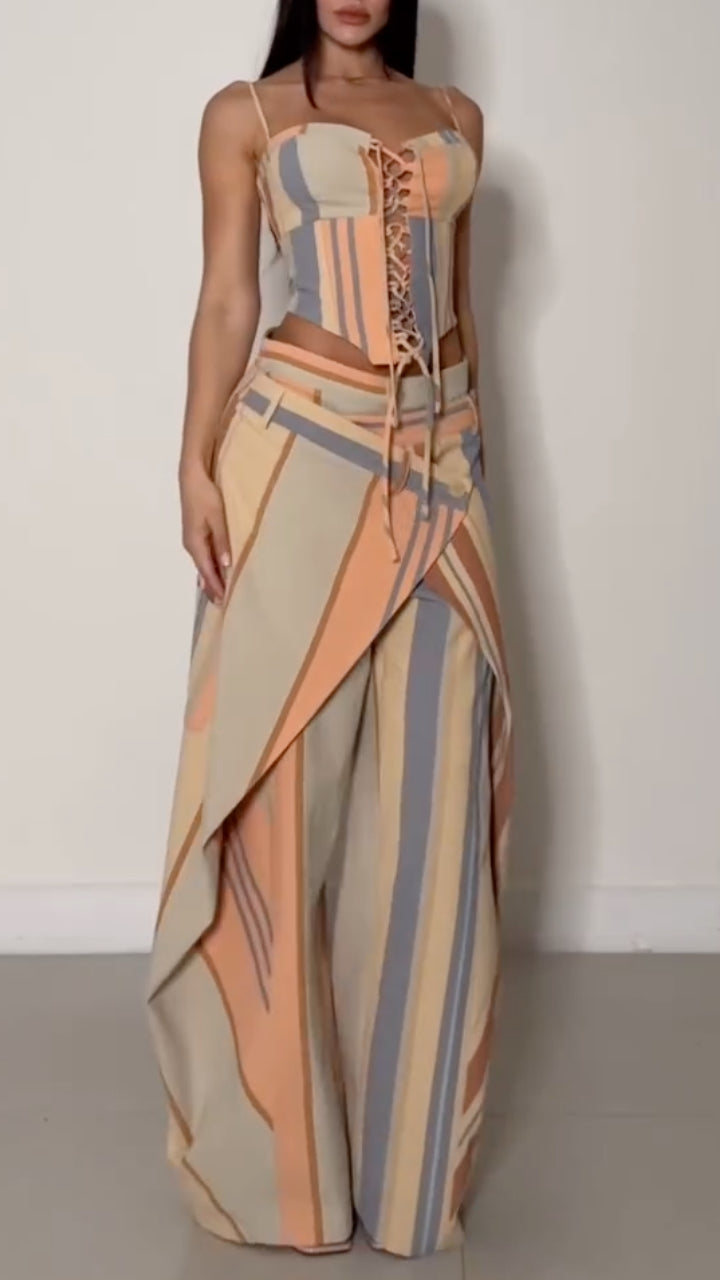 Stripe Corset Top & Wrap Overlay Wide Leg Pants Co‑Ord Set