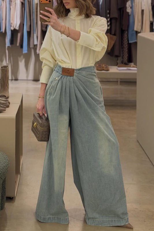 Light Blue Wrap Waist Wide Leg Jeans