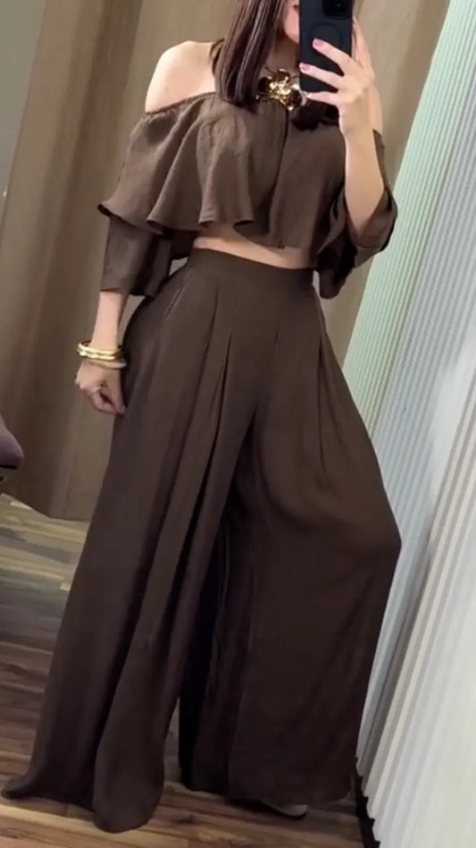 Off-Shoulder Crop Top & Wide Leg Pants Set