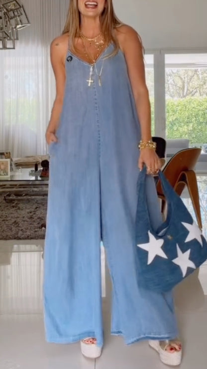 V-Neck Halter Top Tencel Denim Casual Jumpsuit
