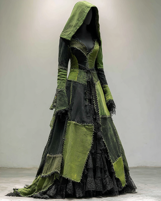 Halloween themed irregular patchwork lace hooded dress 507f