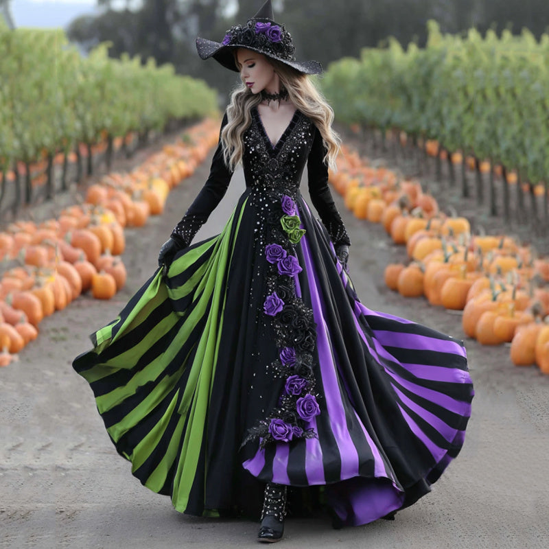 Women's  Halloween Black Green Purple Stripes Art Comfy Velvet V Neck Maxi Dress